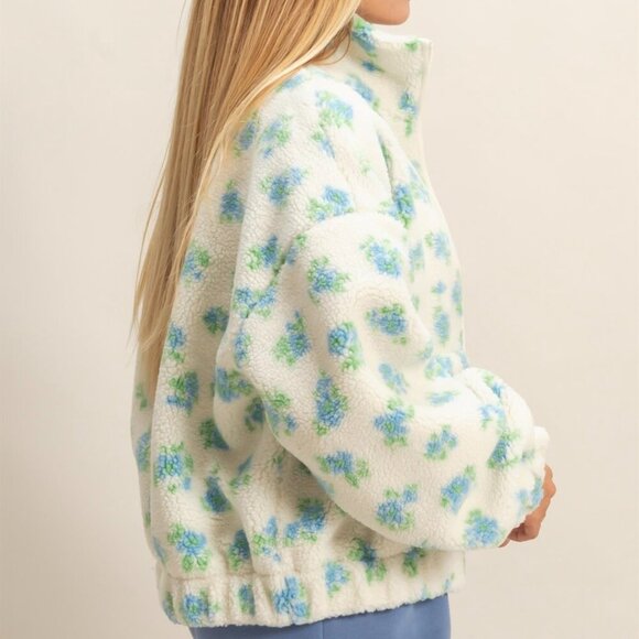 1 LEFT!! WHAT DOES IT MEAN FLORAL SHERPA FULL ZIP JACKET - Picture 2 of 3